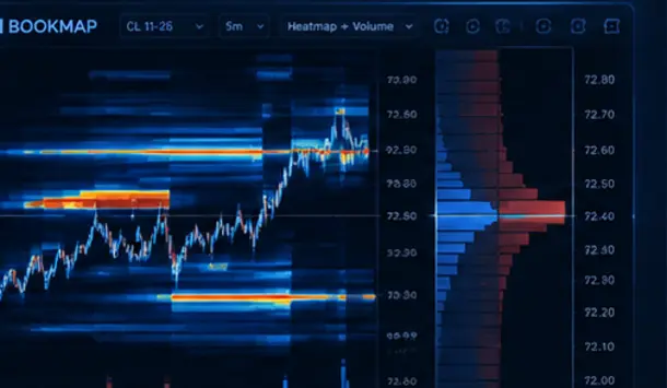 Aperçu conceptuel d’une interface Bookmap de liquidité et heatmap
