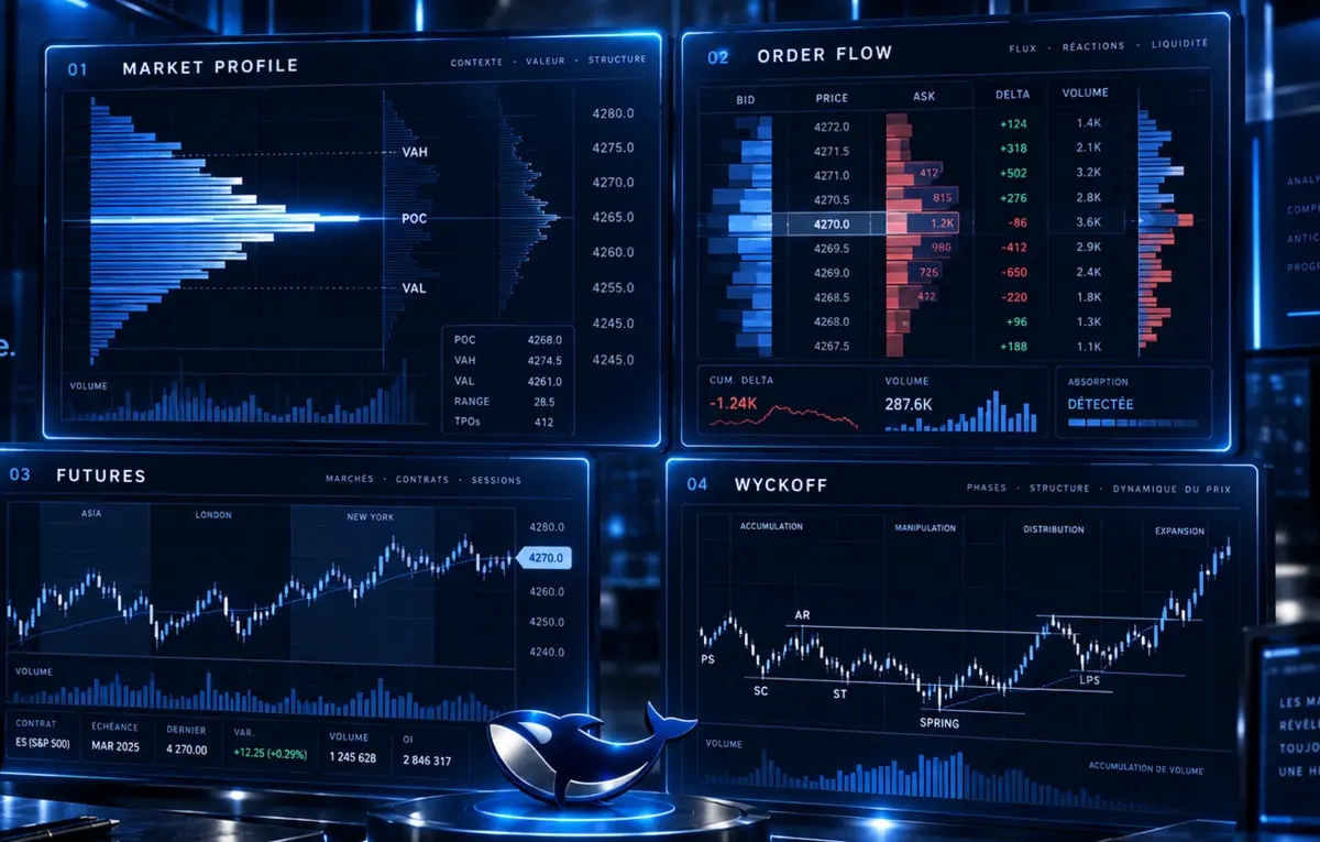 Composition conceptuelle Market Profile, Order Flow, Futures et Wyckoff